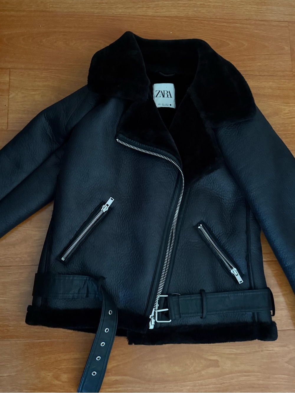 ZARA Black Faux-Shearling Moto Jacket with Belt